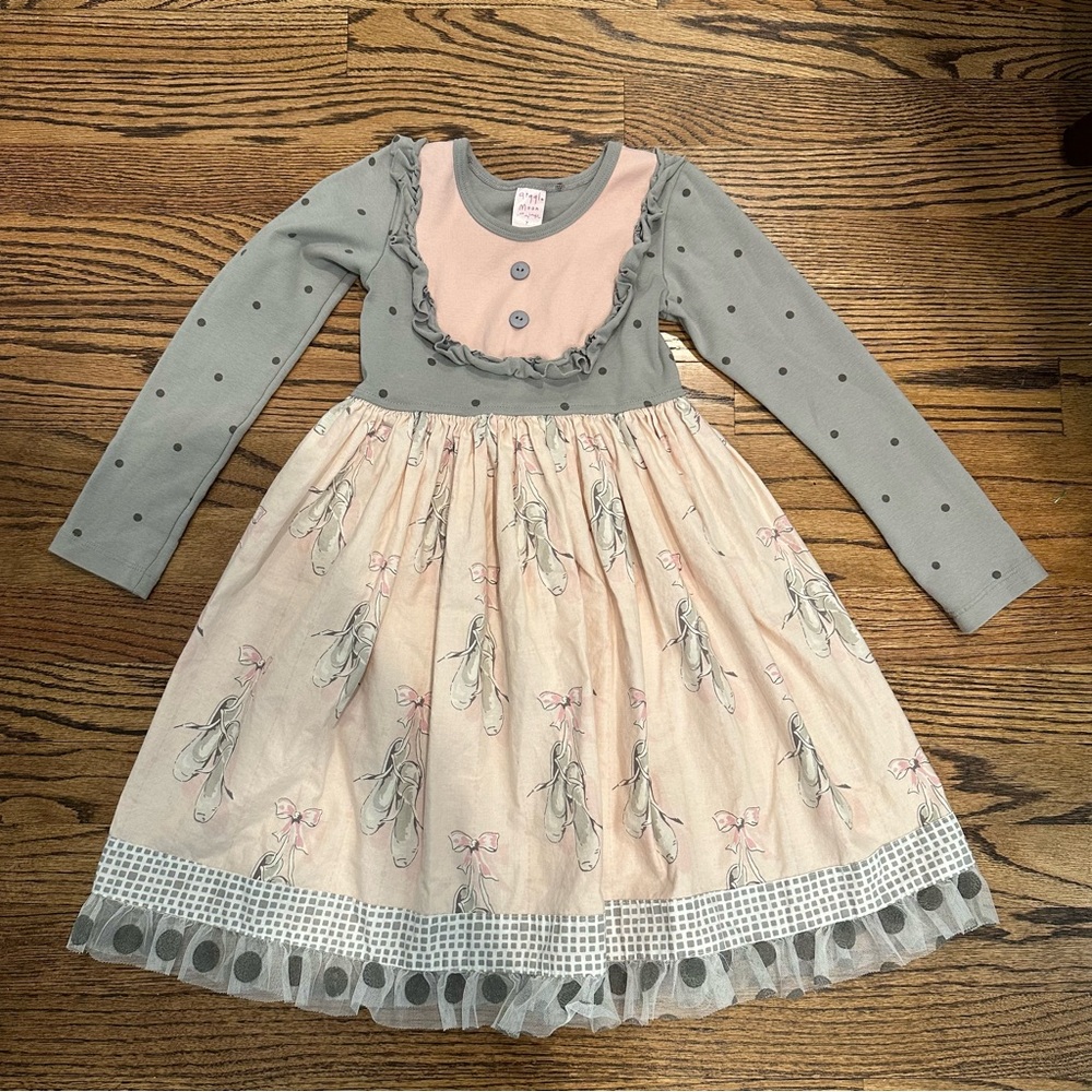Giggle Moon Girls dress ballet shoes pointe size 7 grey pink long sleeve